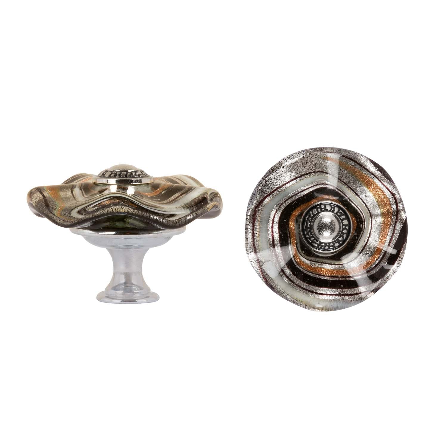Cabinet Knobs - Glass Wavy Disc - Silver and Black Swirls