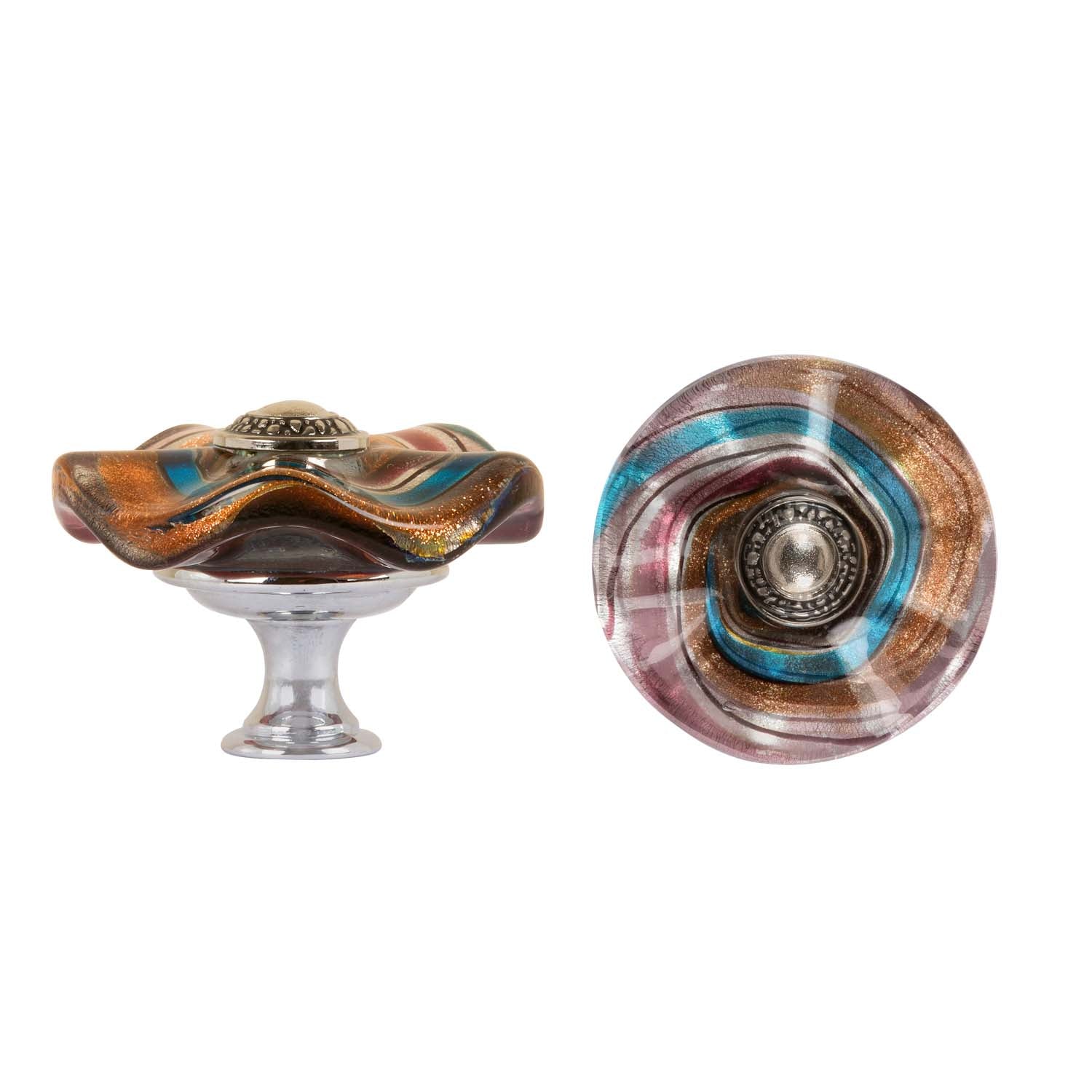 Cabinet Knobs - Glass Wavy Disc - Light Blue and Grape