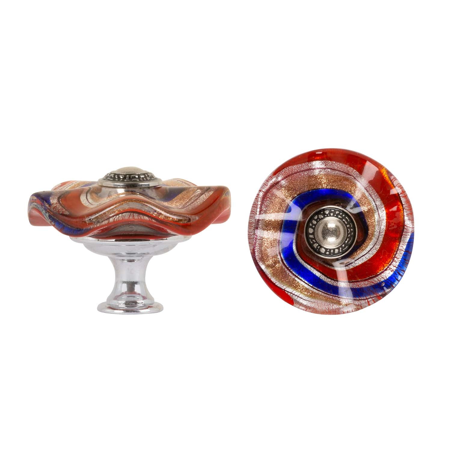 Cabinet Knobs - Glass Wavy Disc - Red and Blue Swirls